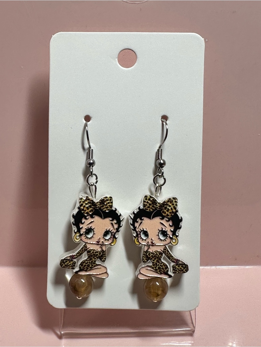 Betty Boop Leopard Bow Drop Earrings - Pink, Brown & Gold